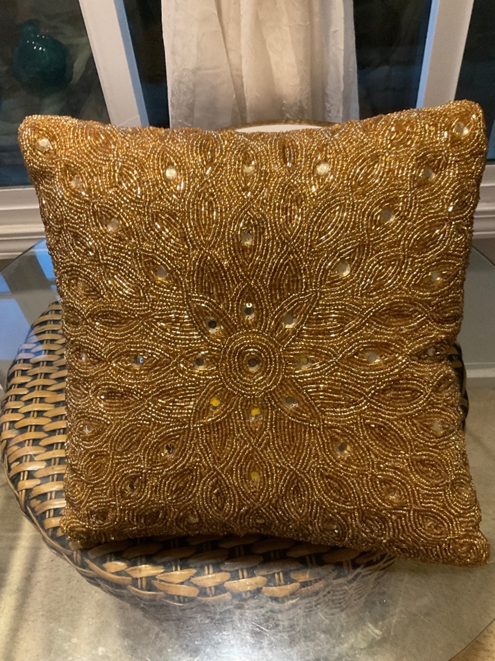 Beautiful Heavily Beaded Gold Pillow - Made in India
